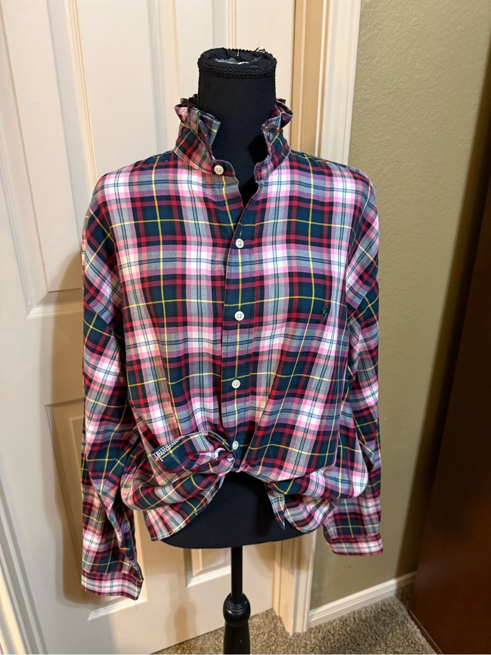 Upcycled Ralph Lauren Pink Green Plaid Button-Down Shirt